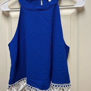 Papaya Royal Blue Halter Top with White Lace Hem